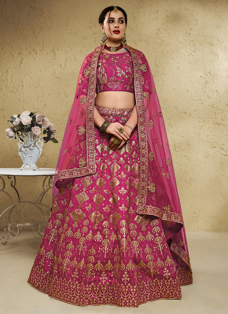 Deep Magenta Pink Silk Zari Sequins Embroidered Lehenga Wedding Wear
