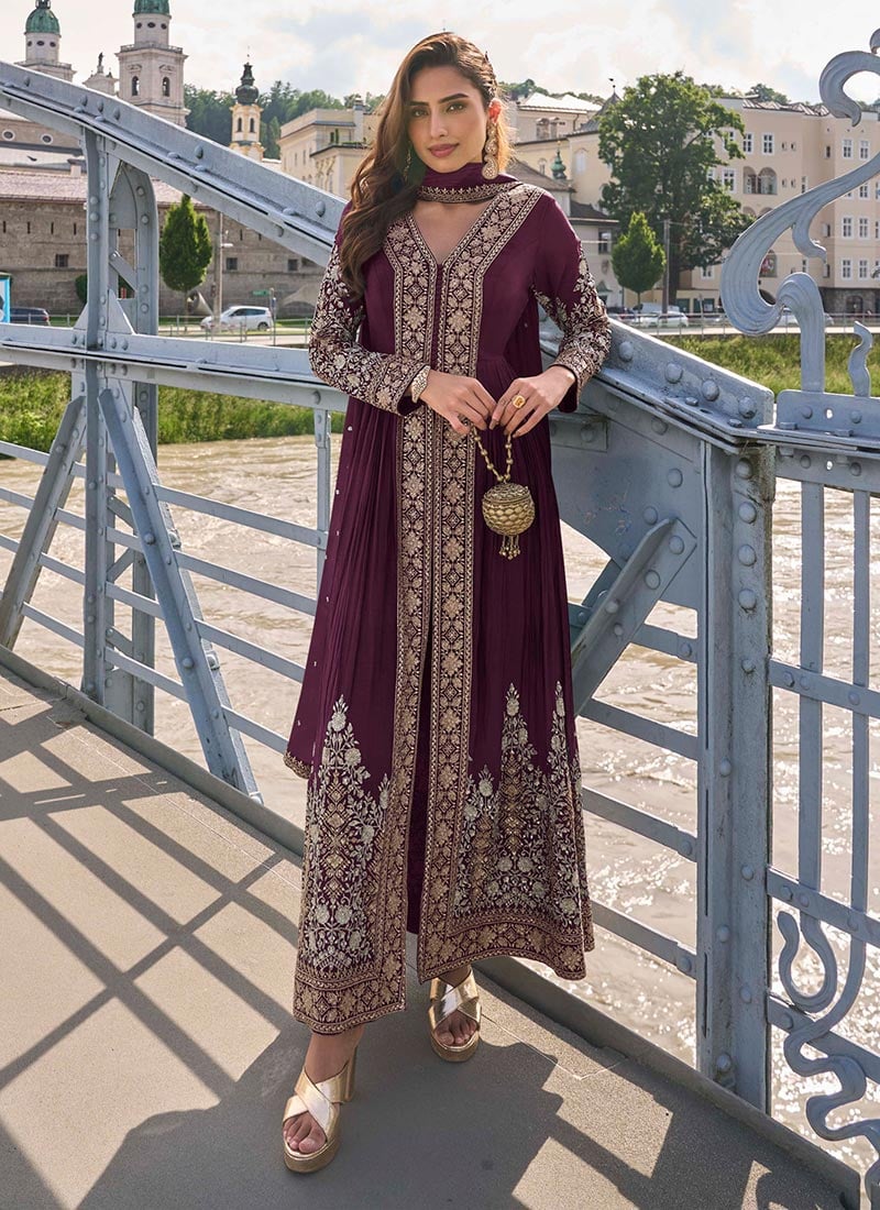 Deep Maroon Chinon Silk Zari Embroidered Sequins Thread Straight Pant Suit Festive Wear