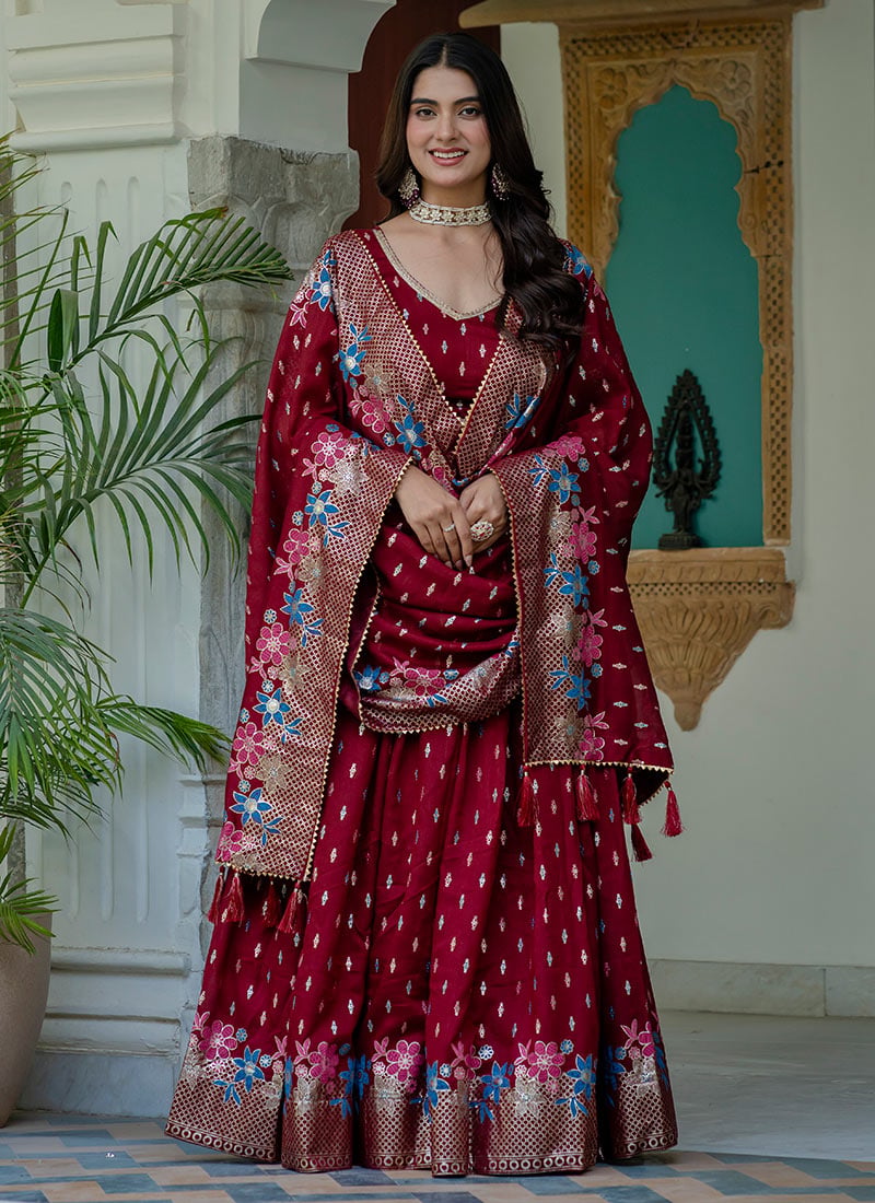 Deep Maroon Floral Foil Printed Vichitra Silk Lehenga Festive Wear