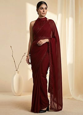Deep Maroon Georgette Zari Sequins Hand Embroidered Saree