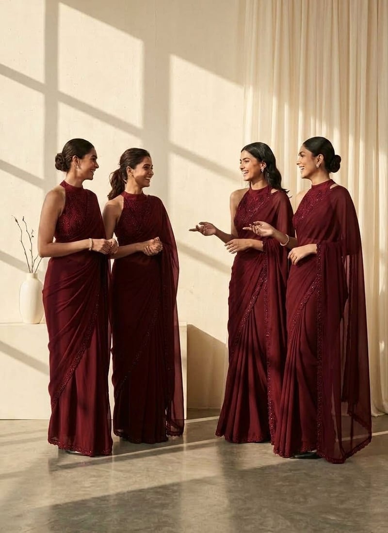 Deep Maroon Georgette Zari Sequins Hand Embroidered Saree Festive Wear