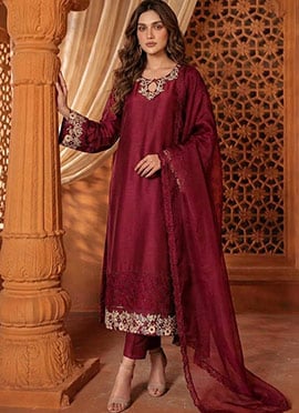 Deep Maroon Red Silk Zari Sequins Straight Pant Suit