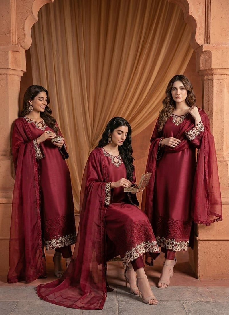 Deep Maroon Red Silk Zari Sequins Straight Pant Suit Festive Wear