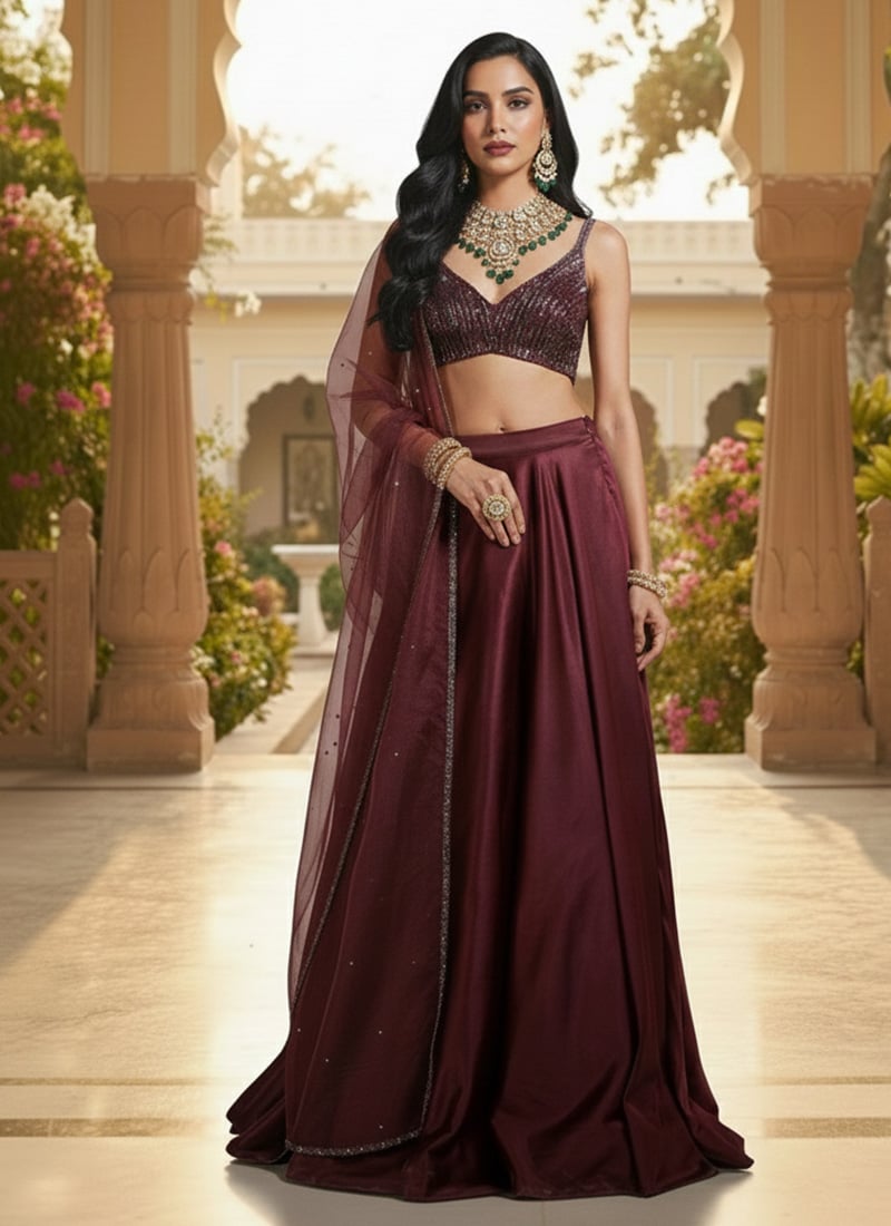Deep Maroon Satin Hand Embroidered Sequins Lehenga Wedding Wear
