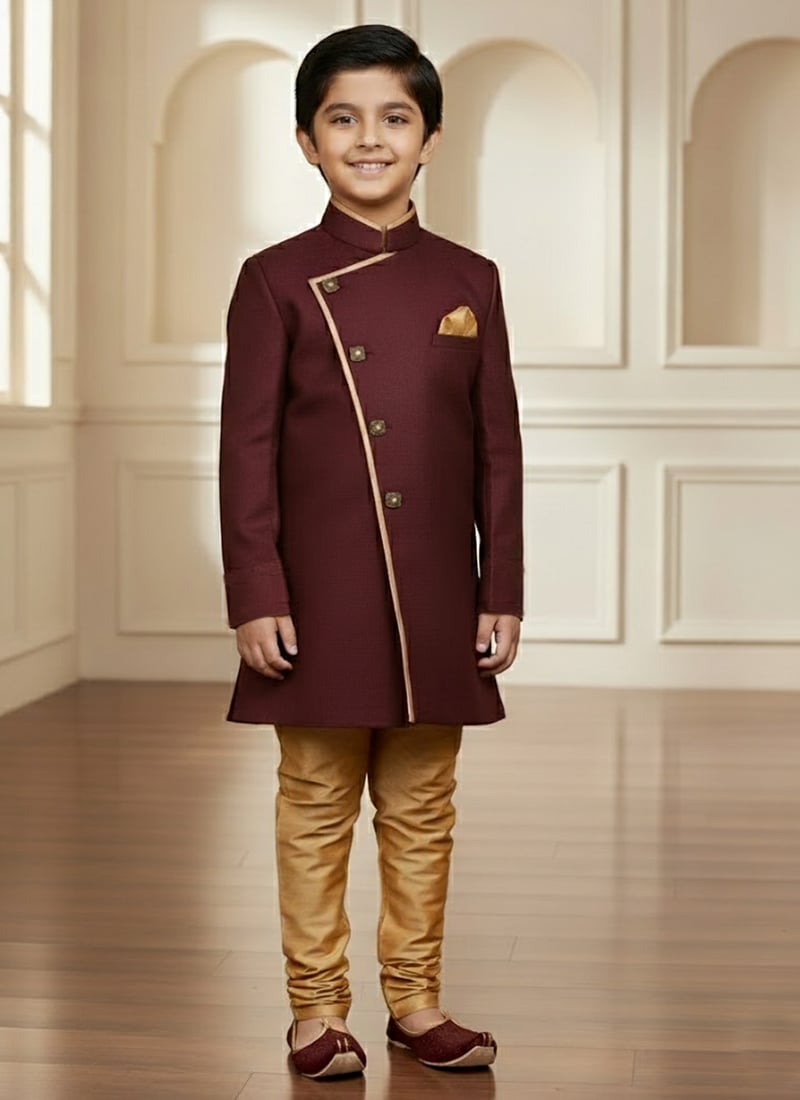 Deep Maroon Silk Indowestern Sherwani Kids Boys