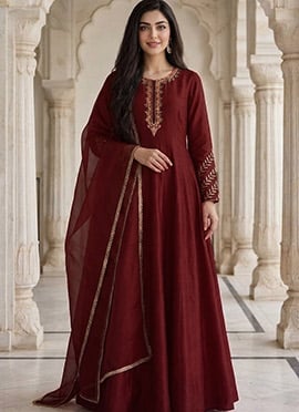 Deep Maroon Silk Zari Embroidered Anarkali Suit