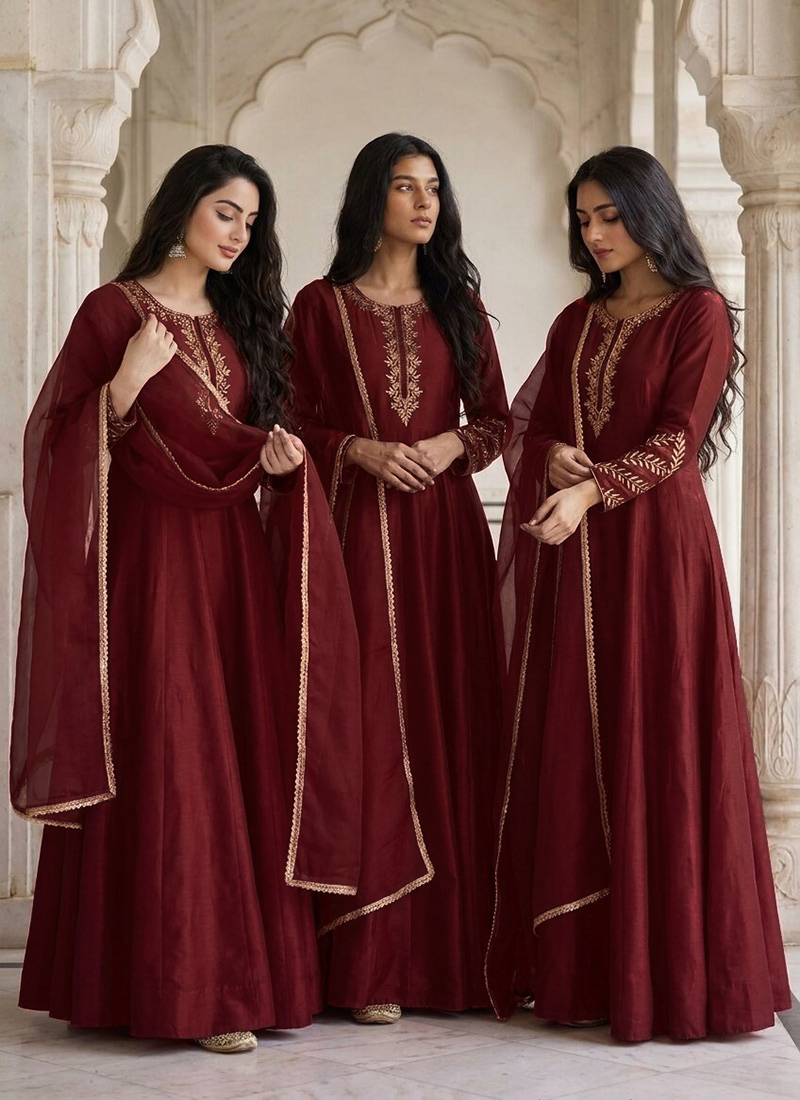 Deep Maroon Silk Zari Embroidered Anarkali Suit Festive Wear