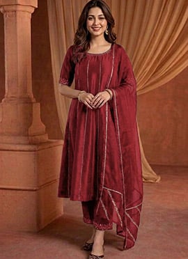 Deep Maroon Silk Zari Resham Embroidered A Line Straight Pant Suit