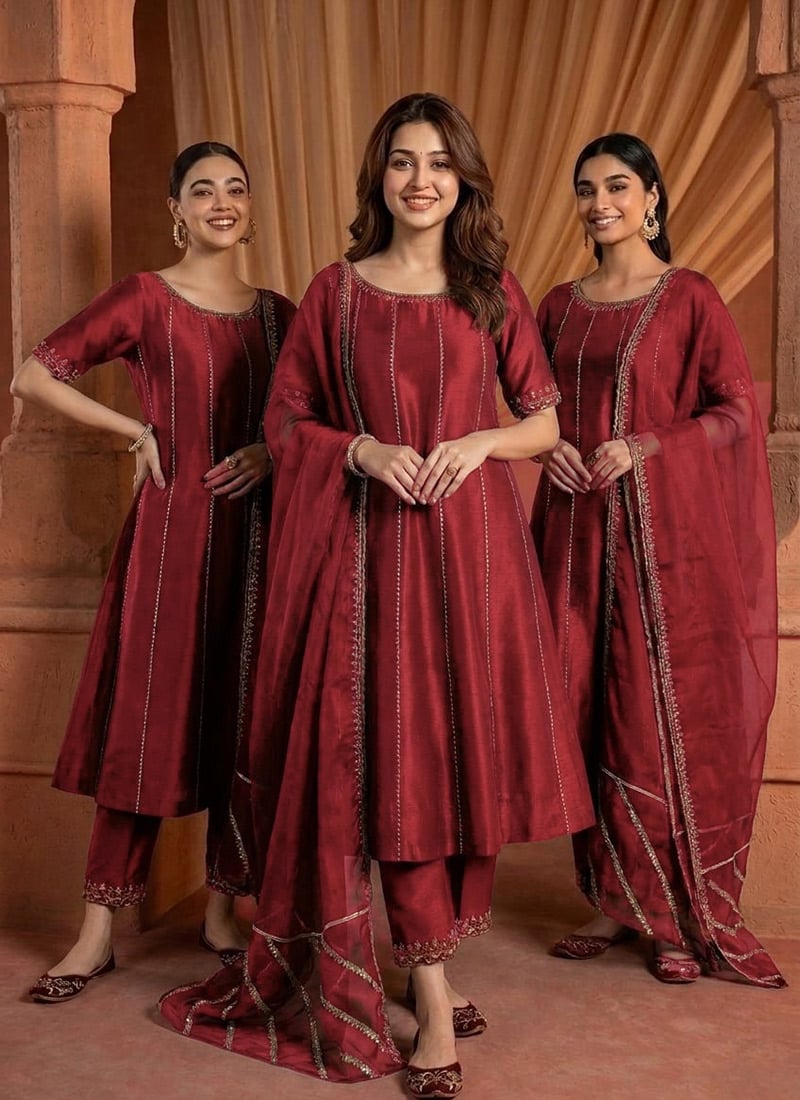 Deep Maroon Silk Zari Resham Embroidered A Line Straight Pant Suit Festive Wear