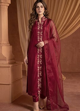 Deep Maroon Silk Zari Resham Embroidered Straight Pant Suit