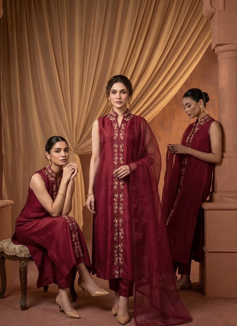Deep Maroon Silk Zari Resham Embroidered Straight Pant Suit Festive Wear