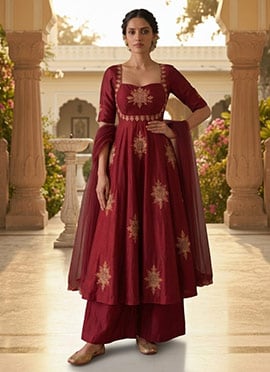Deep Maroon Silk Zari Sequins Anarkali Suit