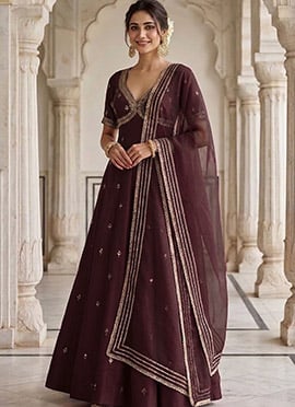 Deep Maroon Silk Zari Sequins Hand Embroidered Anarkali Suit