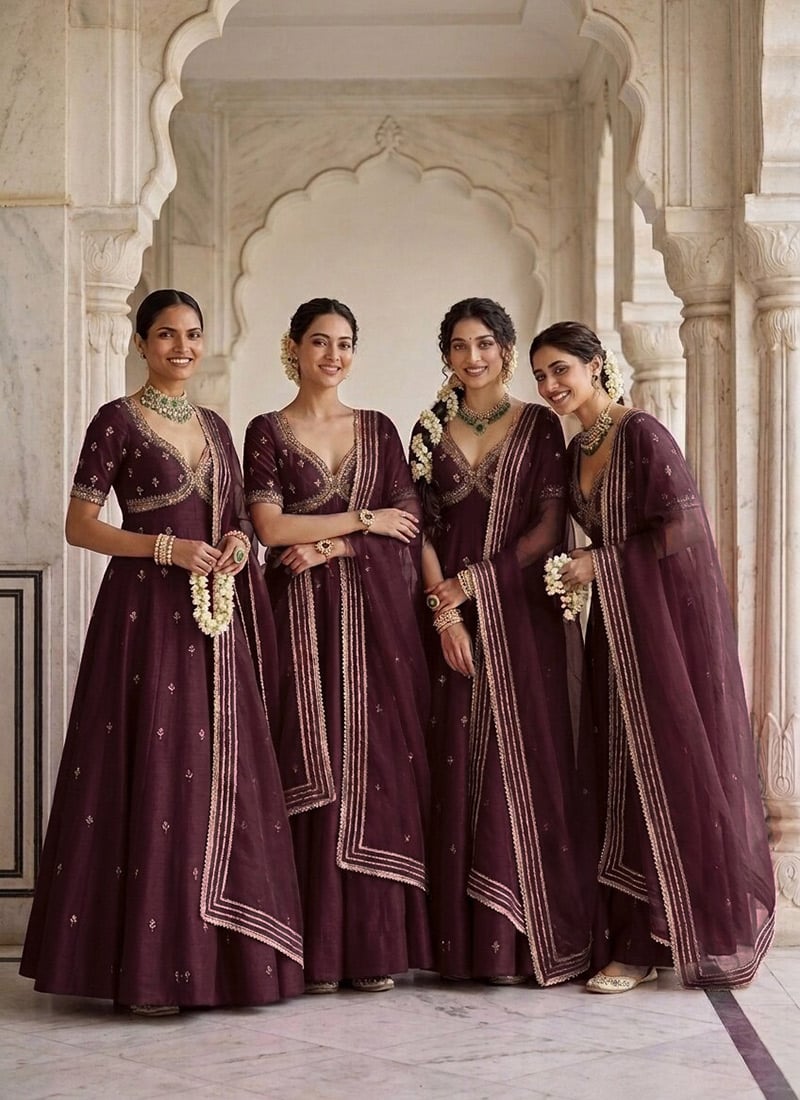 Deep Maroon Silk Zari Sequins Hand Embroidered Anarkali Suit Festive Wear