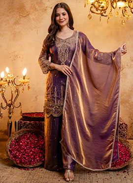 Deep Mauve Zari Zardosi Sequins Embroidered Fendy Silk Palazzo Suit