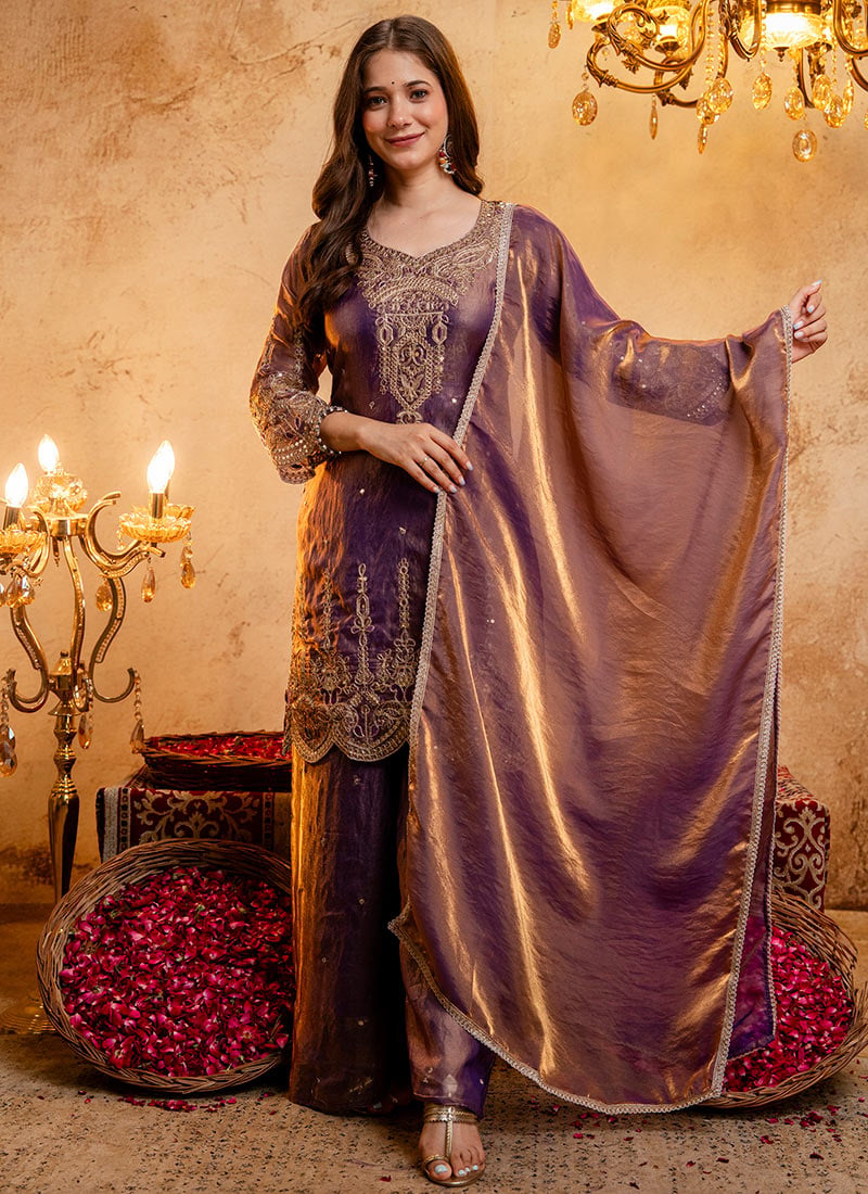Deep Mauve Zari Zardosi Sequins Embroidered Fendy Silk Palazzo Suit After Six Wear