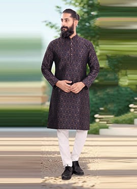 Deep Navy Blue Jacquard Silk Kurta Pyjama