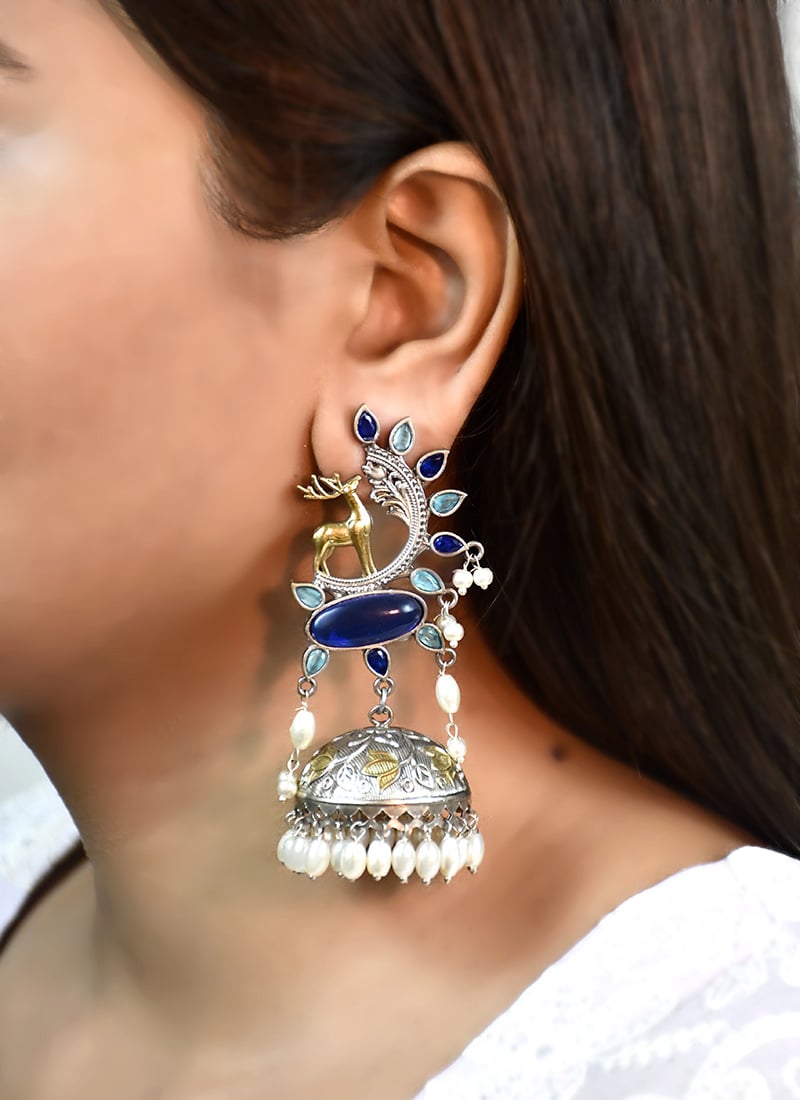 Deep Navy Blue Kundan Beads Oxidised Jhumka Festive Wear