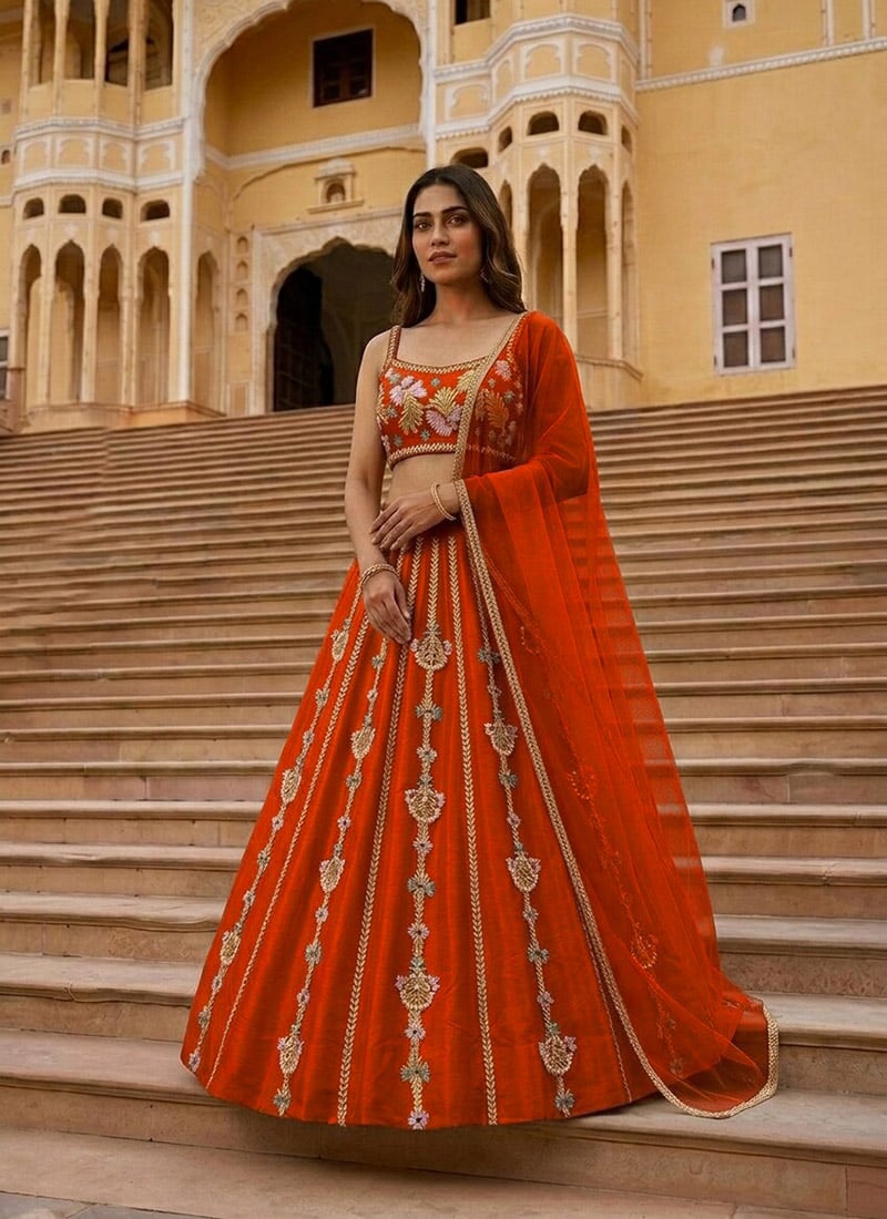 Deep Orange Silk Zari Resham Embroidered Lehenga Festive Wear