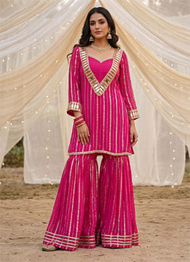 Deep Pink Cotton Zari Mirror Work Sharara Suit