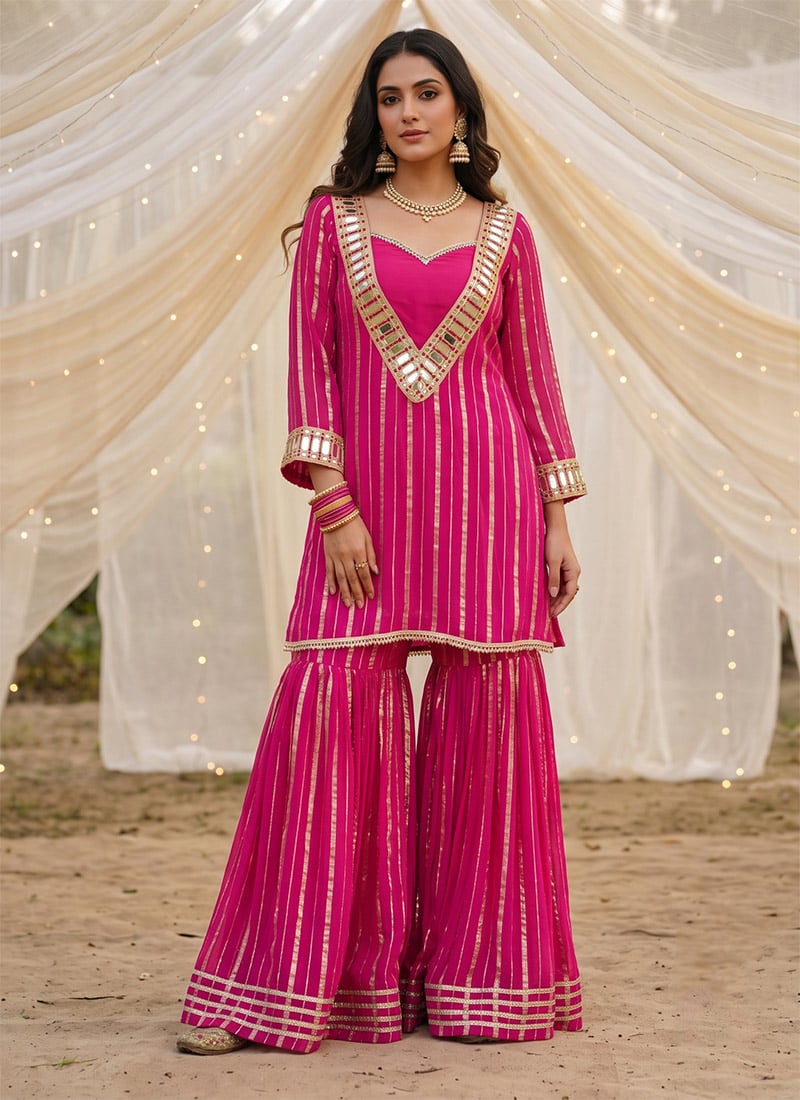 Deep Pink Cotton Zari Mirror Work Sharara Suit Festive Wear