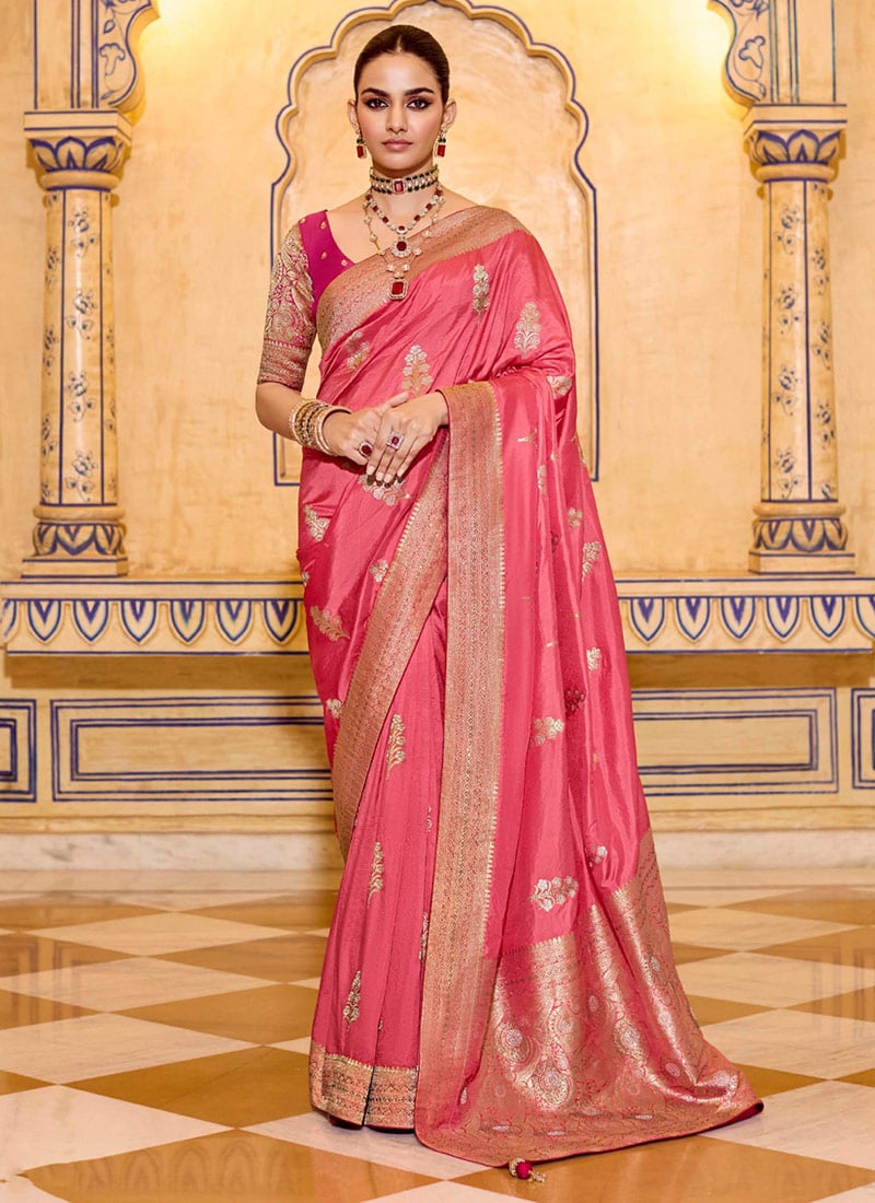 Deep Pink Crepe Silk Zari Jacquard Floral Woven Saree Festive Wear