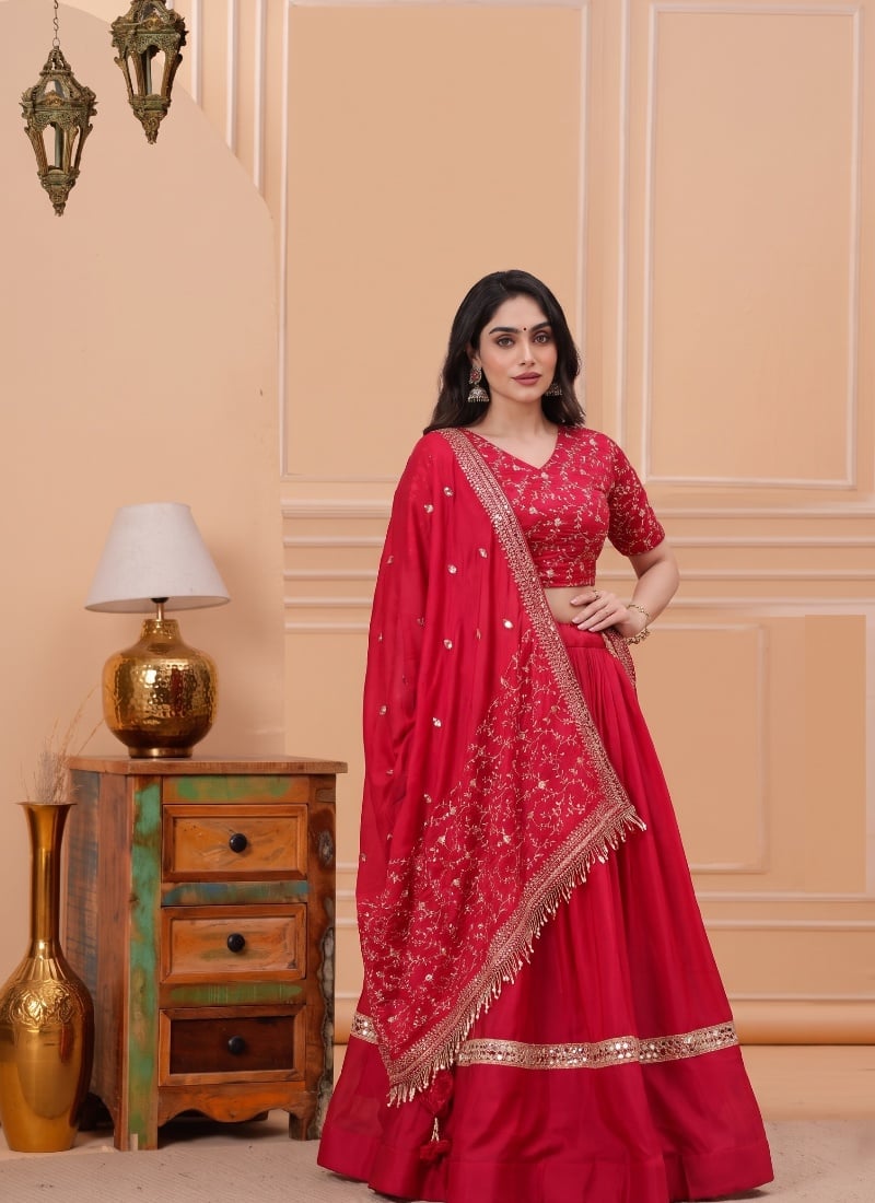 Deep Pink Satin Zari Sequins Embroidered Lehenga After Six Wear