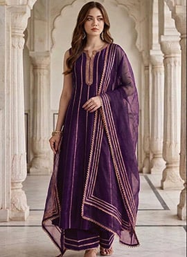 Deep Plum Purple Silk Zari Sequins A Line Anarkali Palazzo Suit