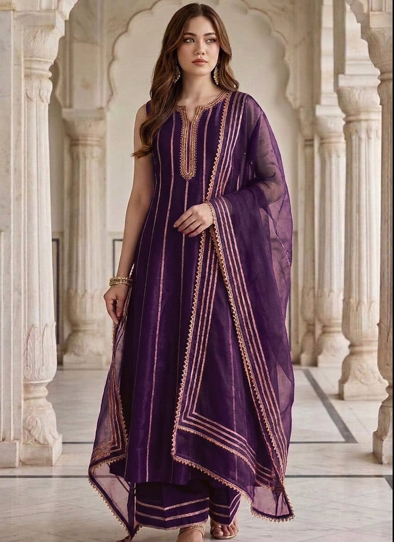 Deep Plum Purple Silk Zari Sequins A Line Anarkali Palazzo Suit Festive Wear