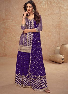 Deep Purple Chinon Embroidered Sequins Palazzo Suit