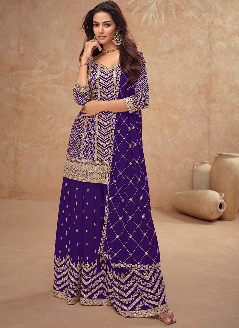 Deep Purple Chinon Embroidered Sequins Palazzo Suit Festive Wear