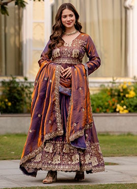 Deep Purple Fandy Satin Embroidered Anarkali Suit