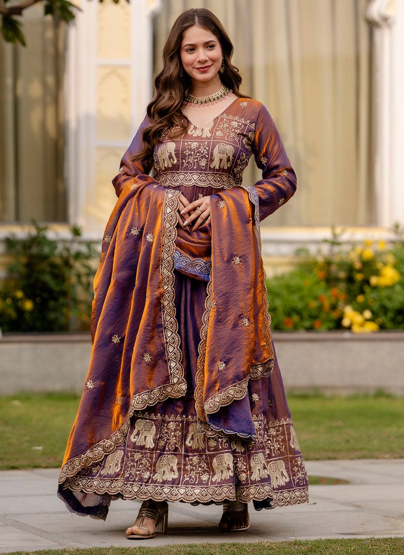 Deep Purple Fandy Satin Embroidered Anarkali Suit Festive Wear