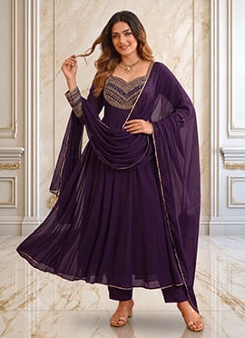Deep Purple Georgette Hand Embroidered Sequins With Stone Work Anarkali Suit