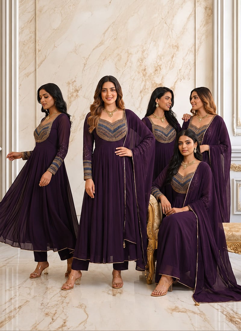 Deep Purple Georgette Hand Embroidered Sequins With Stone Work Anarkali Suit Wedding Wear