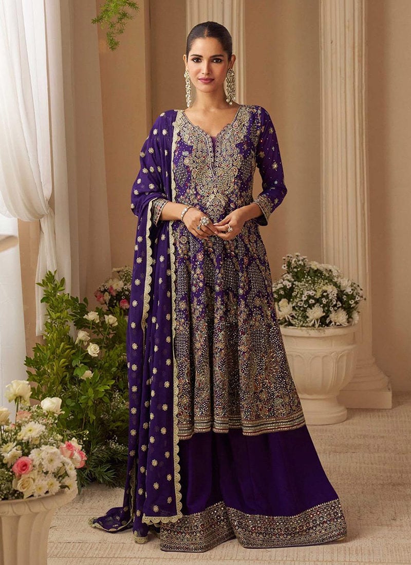 Deep Purple Georgette Zarkan Stone Embroidered Sequins A Line Palazzo Suit Wedding Wear