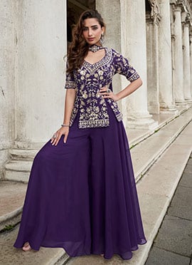 Deep Purple Organza Silk Sequins Zari Embroidered Palazzo Suit