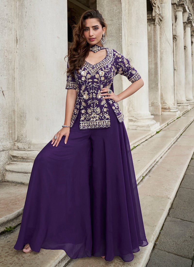 Deep Purple Organza Silk Sequins Zari Embroidered Palazzo Suit Festive Wear