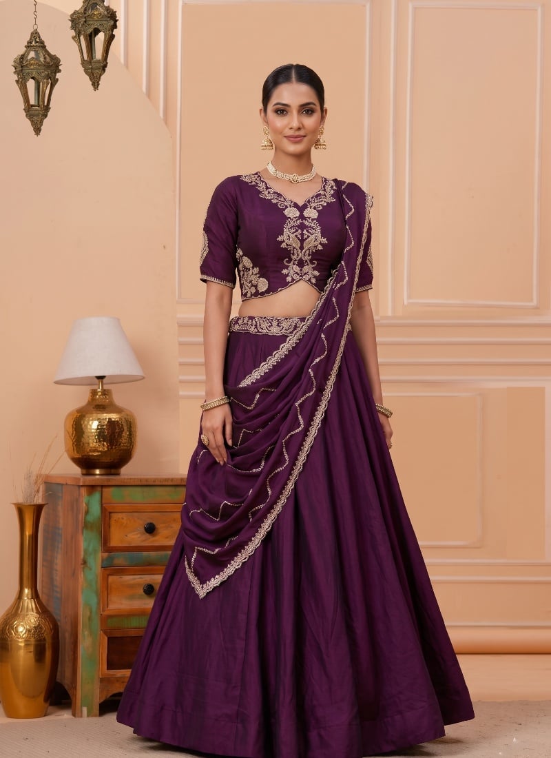 Deep Purple Rangoli Crush Sequins Embroidered Lehenga After Six Wear