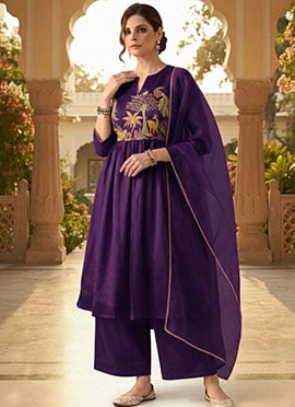 Deep Purple Resham Embroidered Silk Anarkali Suit