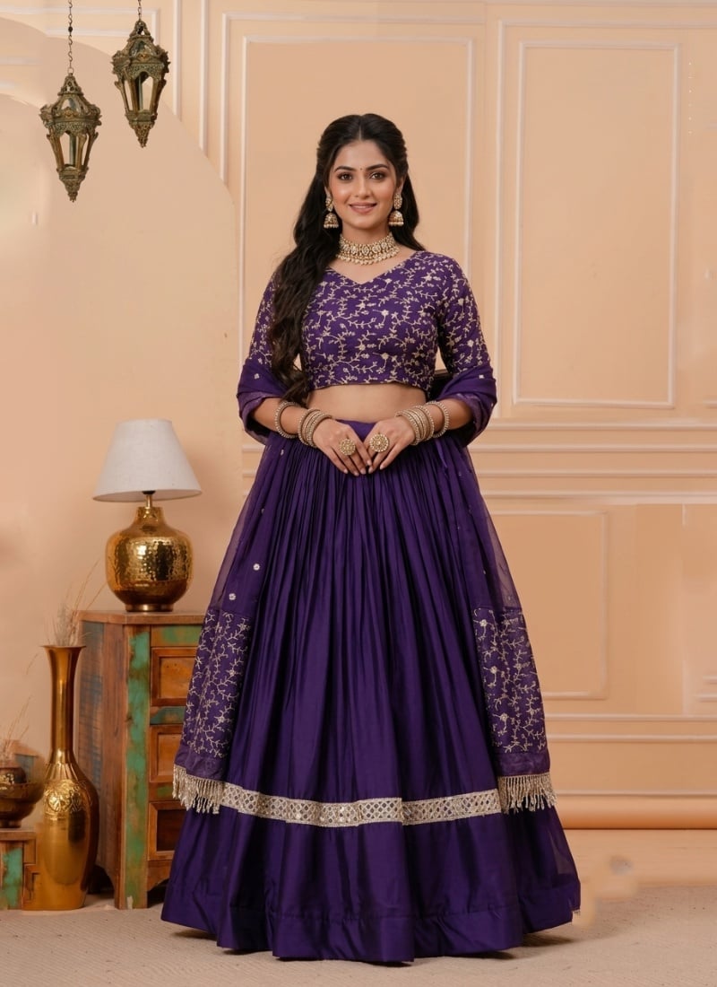 Deep Purple Satin Zari Sequins Embroidered Lehenga After Six Wear
