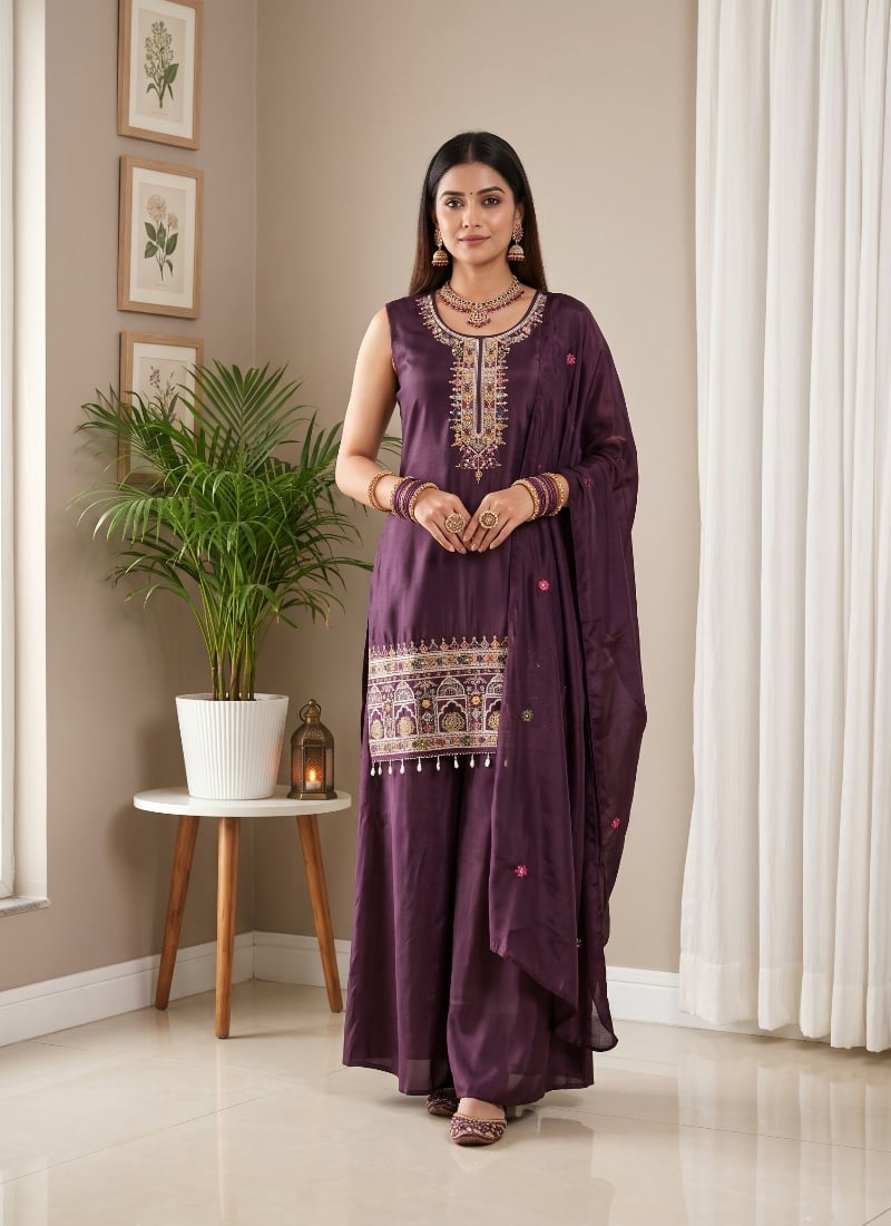 Deep Purple Sequins Embroidered Chinon Palazzo Suit After Six Wear