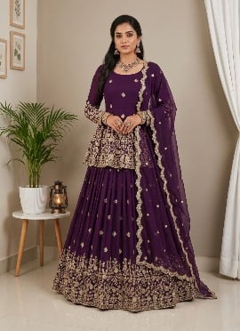 Deep Purple Sequins Embroidered Georgette Palazzo Suit
