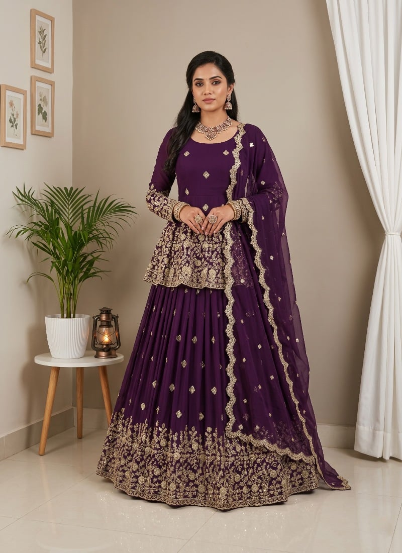 Deep Purple Sequins Embroidered Georgette Palazzo Suit After Six Wear