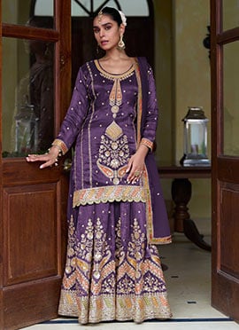 Deep Purple Shimmer Silk Embroidered Zari Sequins Sharara Suit