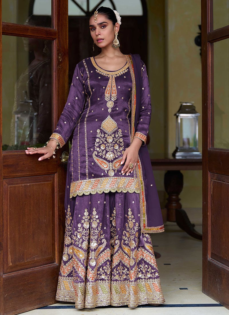 Deep Purple Shimmer Silk Embroidered Zari Sequins Sharara Suit