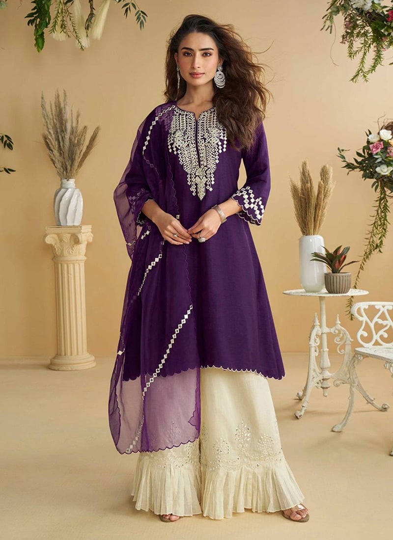 Deep Purple Silk Embroidered Gota Work Palazzo Suit Festive Wear