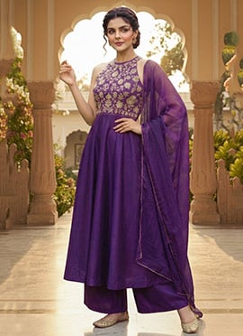 Deep Purple Zari Sequins Embroidered Silk Anarkali Suit