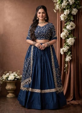 Deep Rama Blue Satin Zari Sequins Embroidered Lehenga