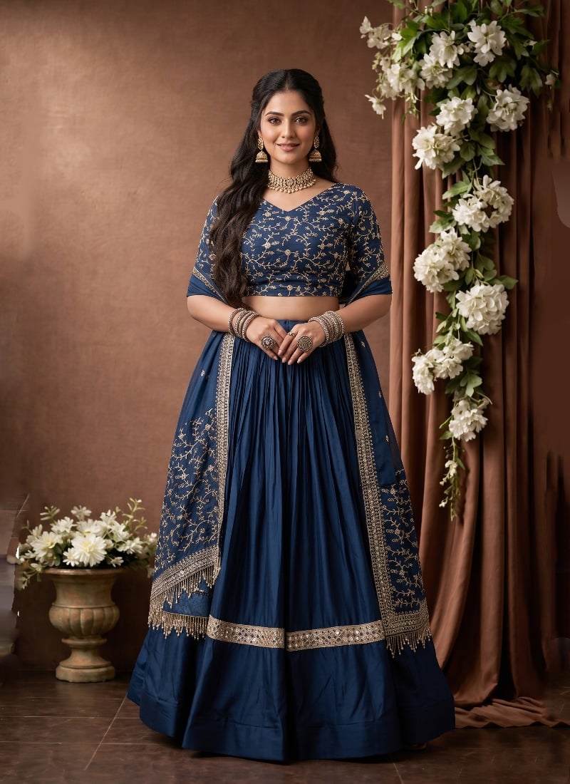 Deep Rama Blue Satin Zari Sequins Embroidered Lehenga After Six Wear